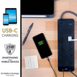 10-Outlet 2 USB-A 1 USB-C Surge Protector with 8 ft. Braided Cord, Black -Surge Protectors Sales Store 10 outlet 2 usb a 1 usb c black 8 ft cord ge surge protectors 41357 fa 1000