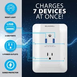 Bell + Howell Wall Power 5 Power-Outlets/2 USB Ports Surge Protection Wall Adapter Tap with Nightlight and Docking Shelf -Surge Protectors Sales Store bell howell surge protectors 7908 4f 1000