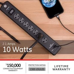 7-Outlet 2-USB Pro Surge Protector -Surge Protectors Sales Store black 3 ft cord ge surge protectors 33664 76 1000