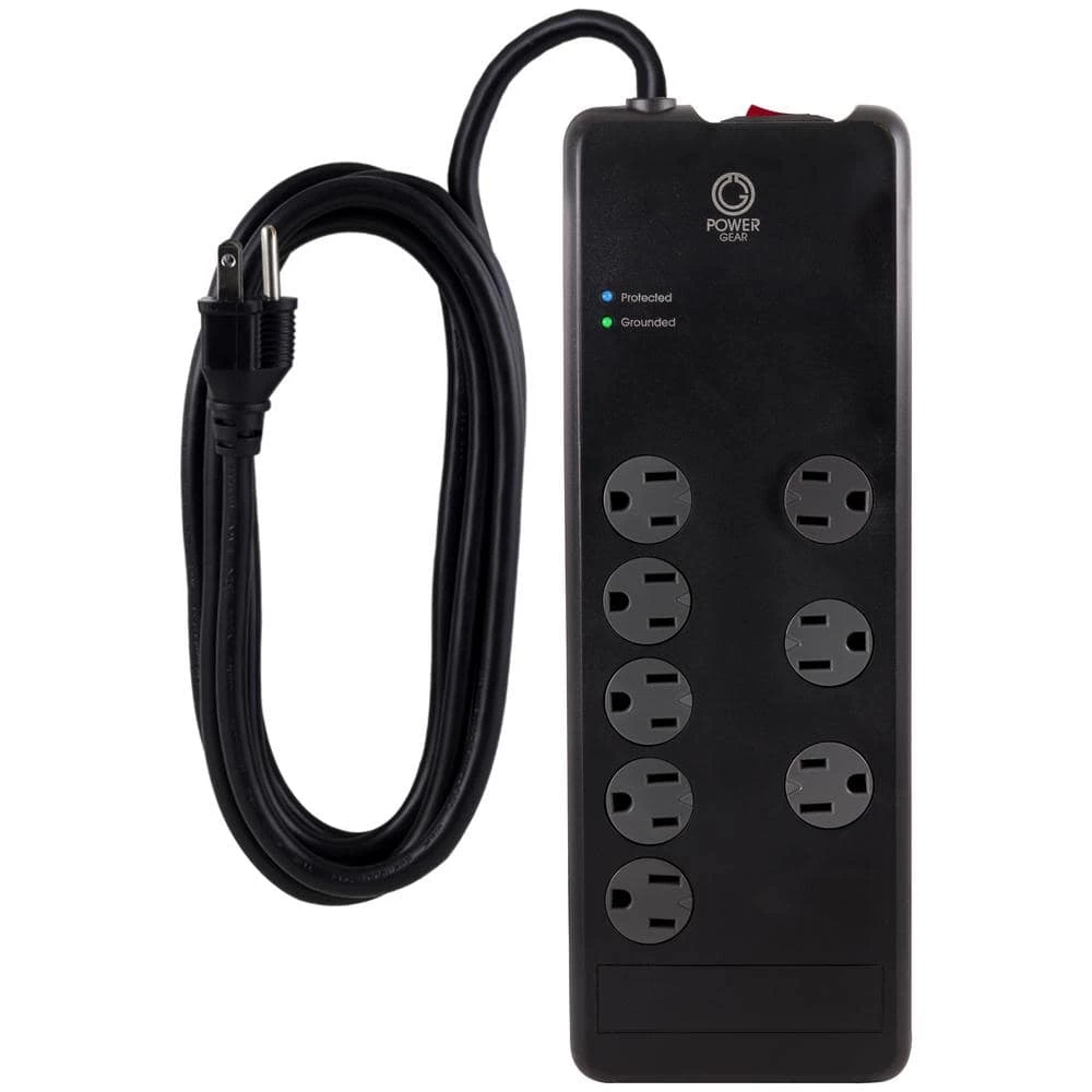 Power Gear 7 ft. 16/3 8-Outlet 2100J Surge Protector Power Strip Extension Cord, Black 1 Power Gear 7 ft. 16/3 8-Outlet 2100J Surge Protector Power Strip Extension Cord, Black