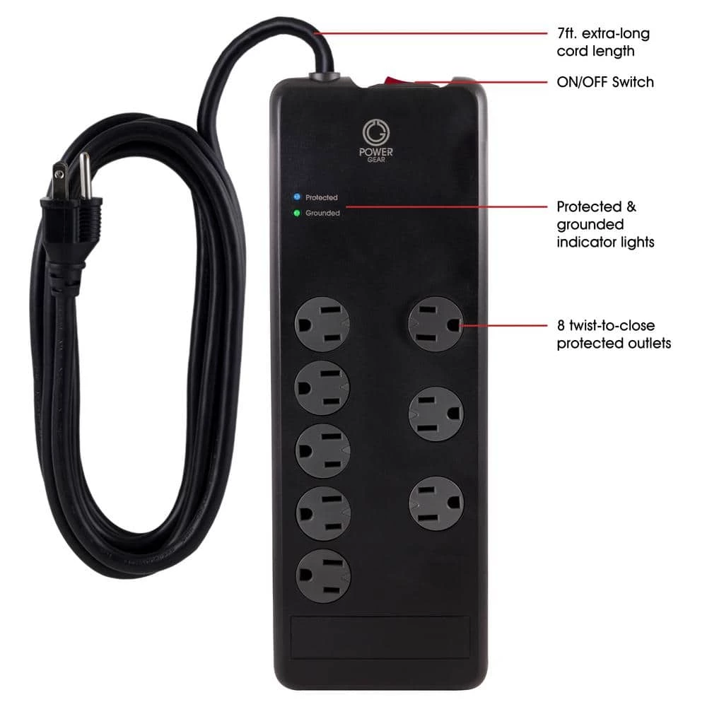 Power Gear 7 ft. 16/3 8-Outlet 2100J Surge Protector Power Strip Extension Cord, Black 2 Power Gear 7 ft. 16/3 8-Outlet 2100J Surge Protector Power Strip Extension Cord, Black - Image 2