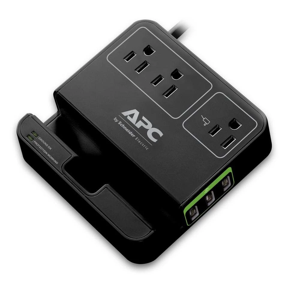 APC Black SurgeArrest 6 ft. Surge Protector with 3 outlets, 3 USB charging ports 1 APC Black SurgeArrest 6 ft. Surge Protector with 3 outlets, 3 USB charging ports