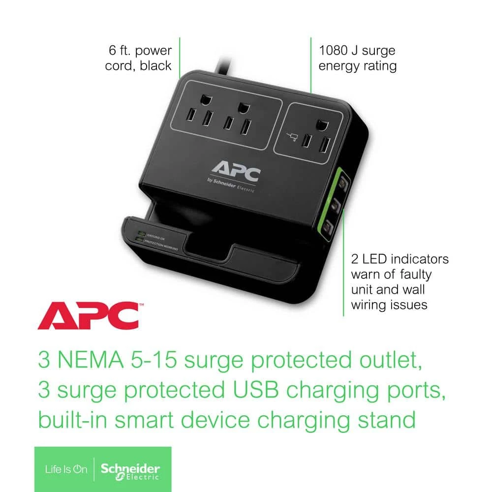 APC Black SurgeArrest 6 ft. Surge Protector with 3 outlets, 3 USB charging ports 3 APC Black SurgeArrest 6 ft. Surge Protector with 3 outlets, 3 USB charging ports - Image 3