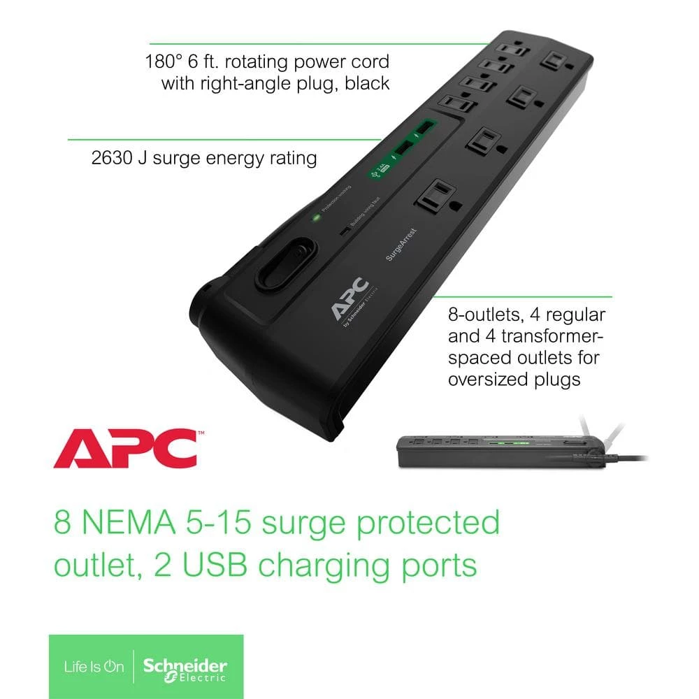 APC Black SurgeArrest 6 ft. Surge Protector with 8 outlets, 2 USB charging ports 5 APC Black SurgeArrest 6 ft. Surge Protector with 8 outlets, 2 USB charging ports - Image 5