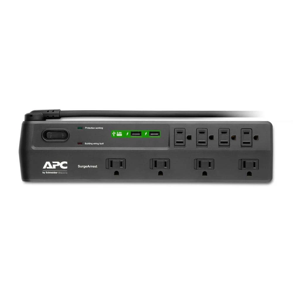 APC Black SurgeArrest 6 ft. Surge Protector with 8 outlets, 2 USB charging ports 2 APC Black SurgeArrest 6 ft. Surge Protector with 8 outlets, 2 USB charging ports - Image 2