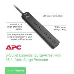 APC Black SurgeArrest 25 ft. Surge Protector with 6 outlets 15 APC Black SurgeArrest 25 ft. Surge Protector with 6 outlets -Surge Protectors Sales Store black apc surge protectors pe625 c3 1000