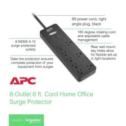 APC Black 6 ft. Surge Protector with 8 outlets, 2 USB charging ports -Surge Protectors Sales Store black apc surge protectors ph8 c3 1000