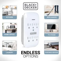 BLACK+DECKER 6 Grounded Outlets Surge Protector Wall Mount with Sleek Power Adapter Tap (2-Pack) -Surge Protectors Sales Store black decker surge protectors bdxpa0040 1f 1000
