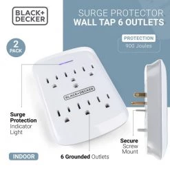 BLACK+DECKER 6 Grounded Outlets Surge Protector Wall Mount with Sleek Power Adapter Tap (2-Pack) -Surge Protectors Sales Store black decker surge protectors bdxpa0040 4f 1000