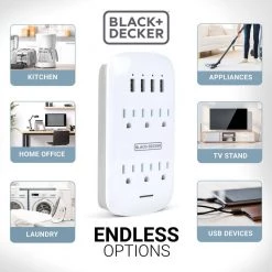 BLACK+DECKER White 6 Grounded Outlets Surge Protector Wall Mount with 4 USB Charging Ports -Surge Protectors Sales Store black decker surge protectors bdxpa0041 1f 1000