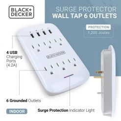 BLACK+DECKER White 6 Grounded Outlets Surge Protector Wall Mount with 4 USB Charging Ports -Surge Protectors Sales Store black decker surge protectors bdxpa0041 4f 1000