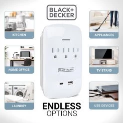 BLACK+DECKER 3 Grounded Outlets Surge Protector Wall Mount with 1 USB Charging Port, 1 USB-C Port 10 BLACK+DECKER 3 Grounded Outlets Surge Protector Wall Mount with 1 USB Charging Port, 1 USB-C Port -Surge Protectors Sales Store black decker surge protectors bdxpa0042 1f 1000