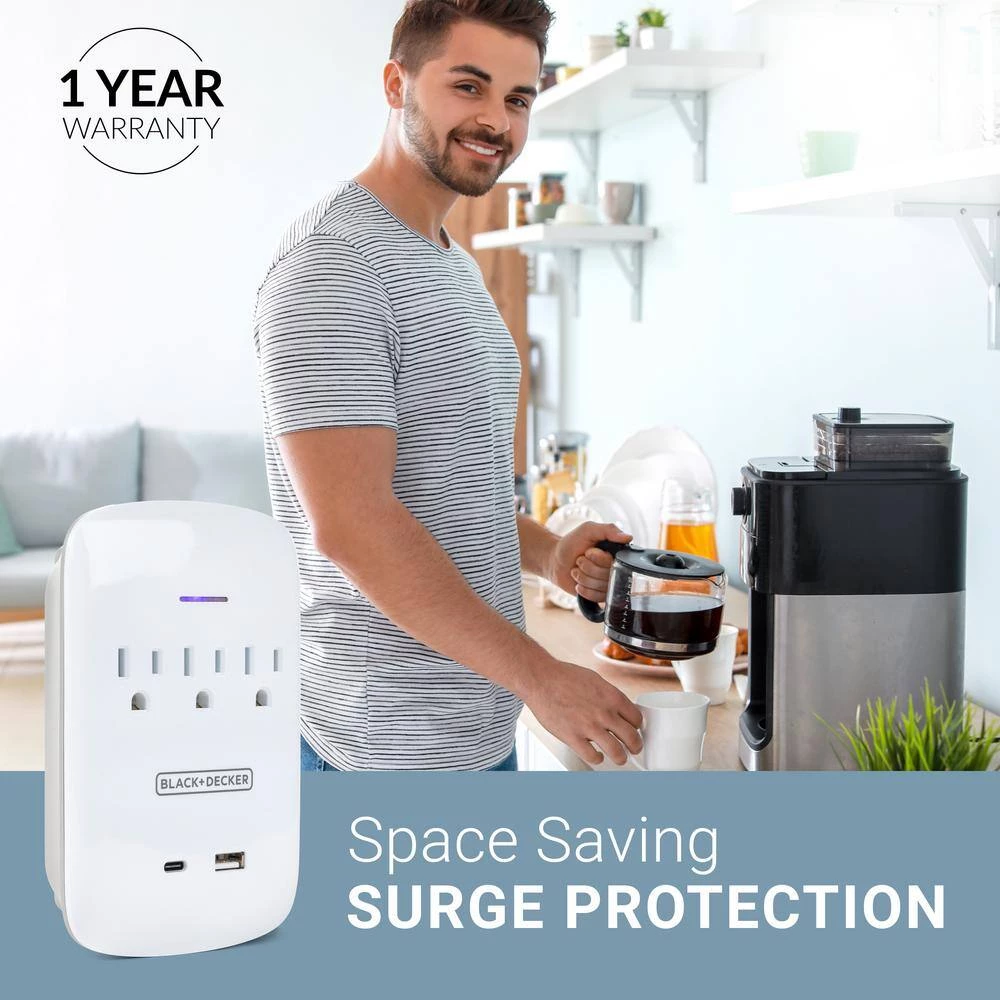 BLACK+DECKER 3 Grounded Outlets Surge Protector Wall Mount with 1 USB Charging Port, 1 USB-C Port 7 BLACK+DECKER 3 Grounded Outlets Surge Protector Wall Mount with 1 USB Charging Port, 1 USB-C Port - Image 7