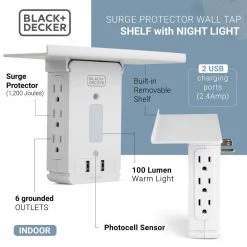 BLACK+DECKER 6 Grounded Outlets Surge Protector Outlet Shelf with Night Light 2 USB, 100 Lumen 9 BLACK+DECKER 6 Grounded Outlets Surge Protector Outlet Shelf with Night Light 2 USB, 100 Lumen -Surge Protectors Sales Store black decker surge protectors bdxpa0073 4f 1000