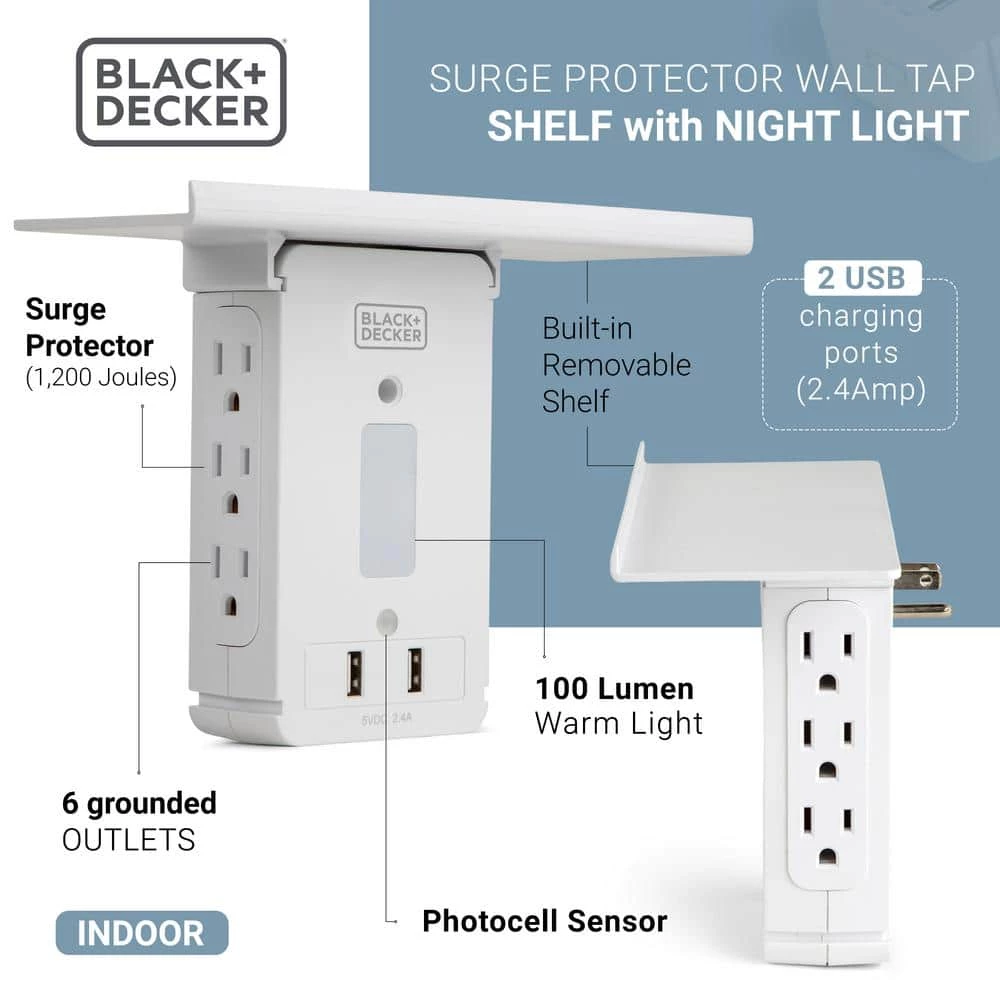 BLACK+DECKER 6 Grounded Outlets Surge Protector Outlet Shelf with Night Light 2 USB, 100 Lumen 3 BLACK+DECKER 6 Grounded Outlets Surge Protector Outlet Shelf with Night Light 2 USB, 100 Lumen - Image 3