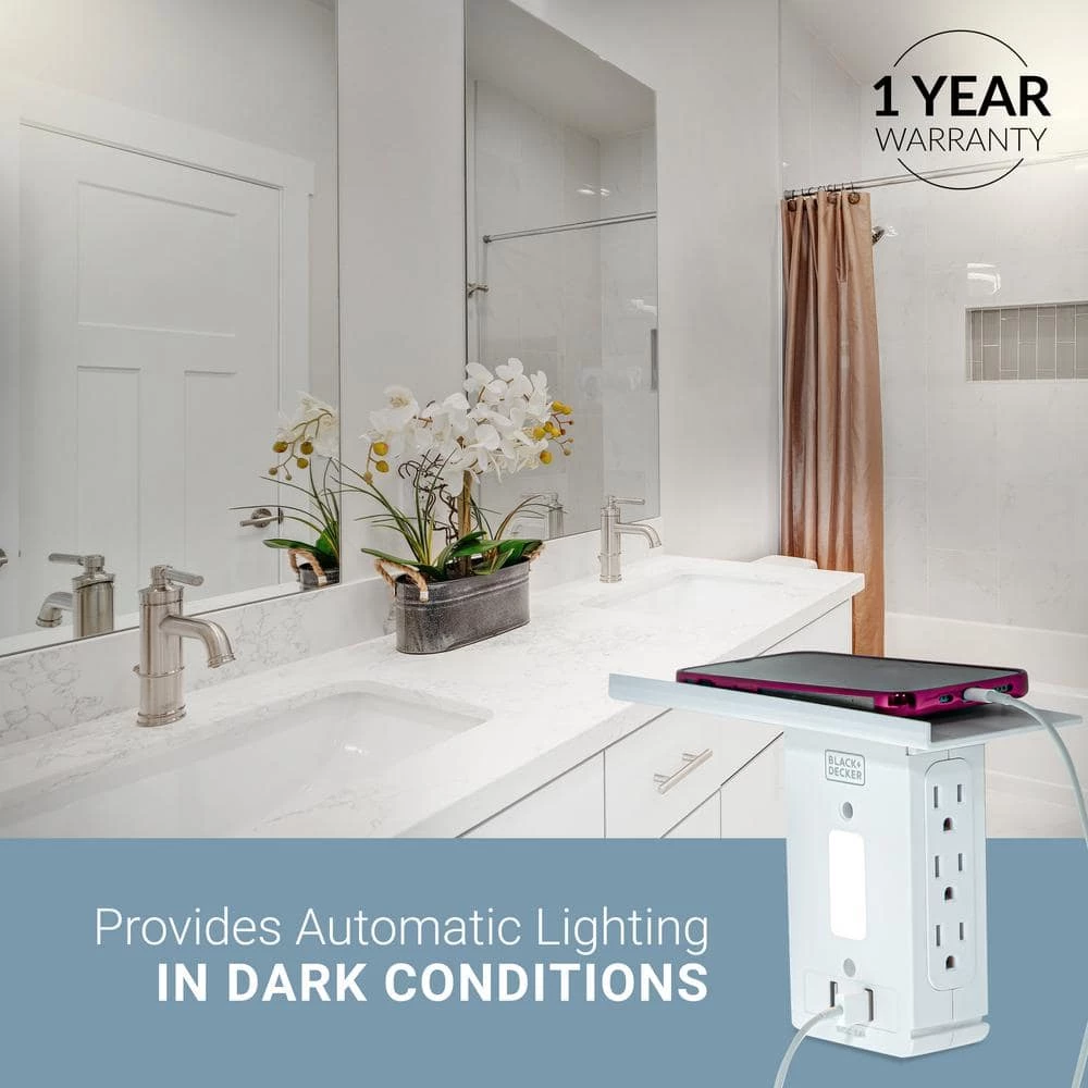 BLACK+DECKER 6 Grounded Outlets Surge Protector Outlet Shelf with Night Light 2 USB, 100 Lumen 7 BLACK+DECKER 6 Grounded Outlets Surge Protector Outlet Shelf with Night Light 2 USB, 100 Lumen - Image 7