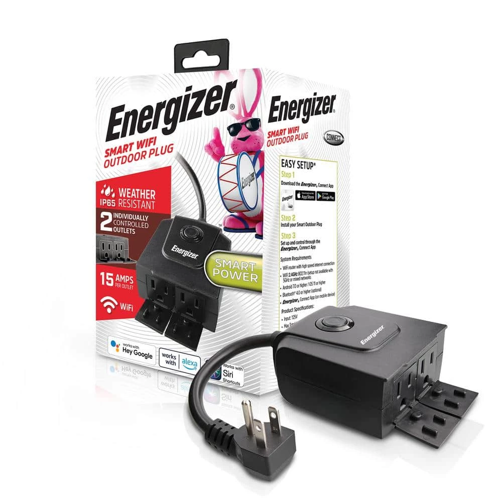 Energizer Smart Wi-Fi 2-Outlet Outdoor Plug, Second Generation, Custom Schedules, Works With Alexa/Siri/Google 1 Energizer Smart Wi-Fi 2-Outlet Outdoor Plug, Second Generation, Custom Schedules, Works With Alexa/Siri/Google