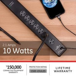 7 Outlet, 2 USB Advanced Surge Protector -Surge Protectors Sales Store black ge surge protectors 25795 76 1000