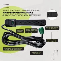 Go Green Power 6-Outlet Surge Protector with 6 ft. Cord, Black -Surge Protectors Sales Store black go green power surge protectors gg 16106msbk 1f 1000