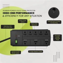 Go Green Power 8-Outlet 6 ft. Cord 750-Joules Surge Protector Lighted Rocker Switch, Black -Surge Protectors Sales Store black go green power surge protectors gg 18316bk 1f 1000