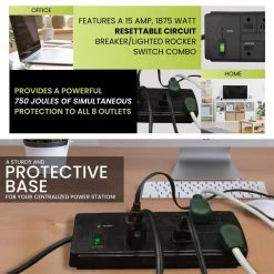 Go Green Power 8-Outlet 6 ft. Cord 750-Joules Surge Protector Lighted Rocker Switch, Black -Surge Protectors Sales Store black go green power surge protectors gg 18316bk 76 1000