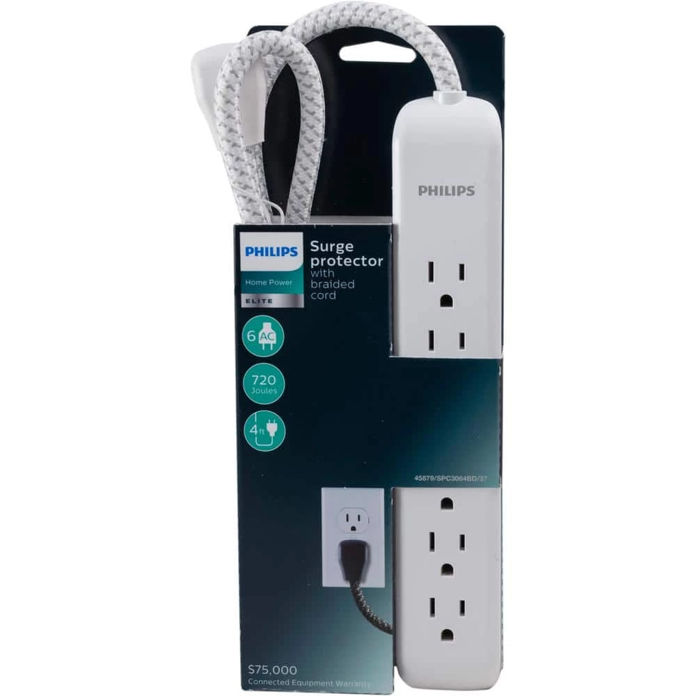 Philips 16/3-4 ft. 6-Outlet Surge Protector Braided Power Extension Cord 2 Philips 16/3-4 ft. 6-Outlet Surge Protector Braided Power Extension Cord - Image 2