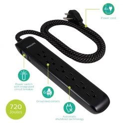 Philips 16/3-4 ft. 6-Outlet Surge Protector Braided Power Extension Cord 10 Philips 16/3-4 ft. 6-Outlet Surge Protector Braided Power Extension Cord -Surge Protectors Sales Store black grey philips surge protectors spc3064bdt1 37 c3 1000