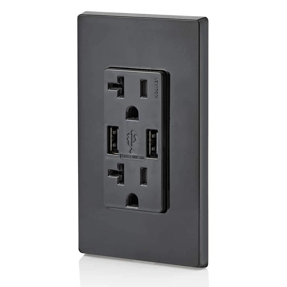Leviton Decora 20 Amp Tamper Resistant Duplex Outlet and 3.6 Amp USB Outlet Charger, Black 6 Leviton Decora 20 Amp Tamper Resistant Duplex Outlet and 3.6 Amp USB Outlet Charger, Black - Image 6