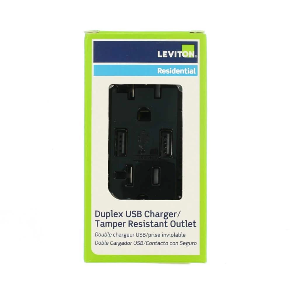 Leviton Decora 20 Amp Tamper Resistant Duplex Outlet and 3.6 Amp USB Outlet Charger, Black 2 Leviton Decora 20 Amp Tamper Resistant Duplex Outlet and 3.6 Amp USB Outlet Charger, Black - Image 2