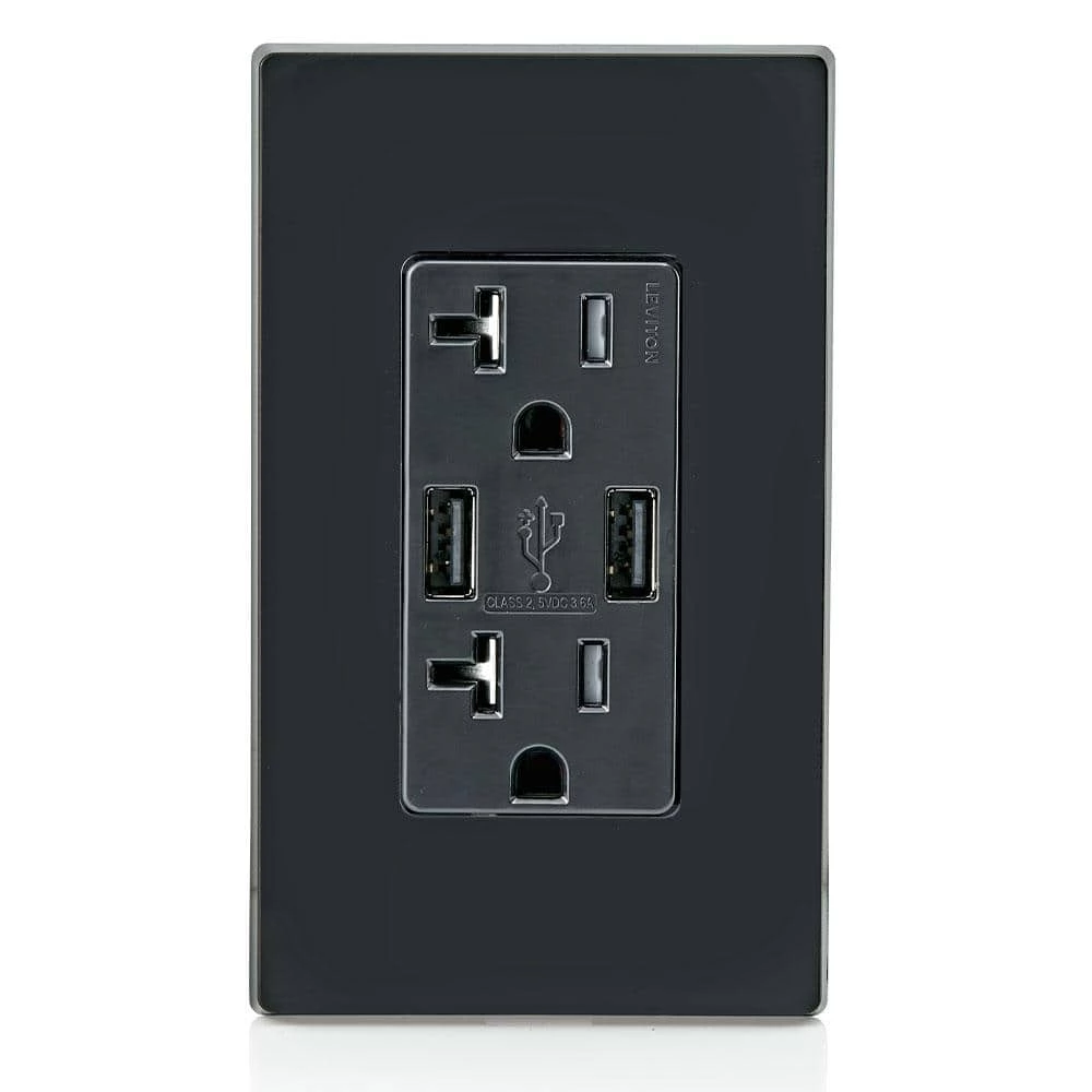 Leviton Decora 20 Amp Tamper Resistant Duplex Outlet and 3.6 Amp USB Outlet Charger, Black 5 Leviton Decora 20 Amp Tamper Resistant Duplex Outlet and 3.6 Amp USB Outlet Charger, Black - Image 5