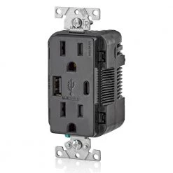 Leviton 15 Amp Decora Type A and C USB Charger Tamper-Resistant Outlet, Black -Surge Protectors Sales Store black leviton electrical outlets receptacles t5633 e c3 1000