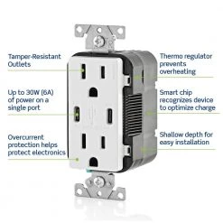 Leviton 30-Watt 6 Amp USB Dual Type-C with Power Delivery In-Wall Charger/15 Amp 125-Volt Tamper-Resistant Outlet, Black -Surge Protectors Sales Store black leviton electrical outlets receptacles t5635 e 44 1000