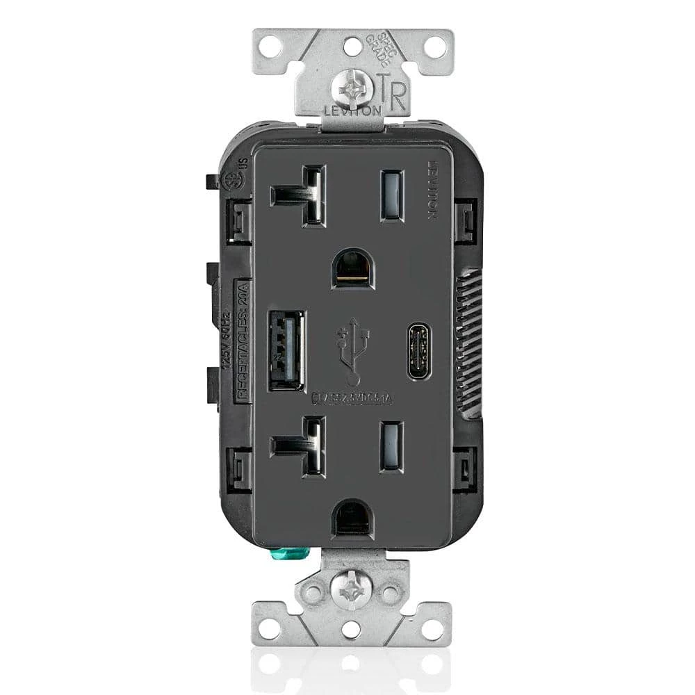 Leviton 20 Amp Type A and Type-C USB Charger/Tamper Resistant Receptacle, Black 1 Leviton 20 Amp Type A and Type-C USB Charger/Tamper Resistant Receptacle, Black