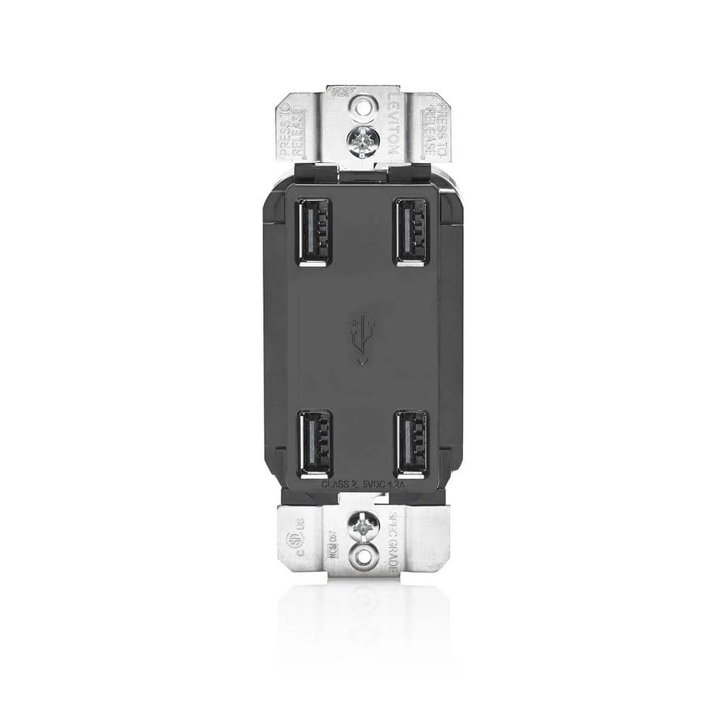 Leviton 4.2 Amp Decora 4-Port USB Charger Combo Outlet, Black 1 Leviton 4.2 Amp Decora 4-Port USB Charger Combo Outlet, Black