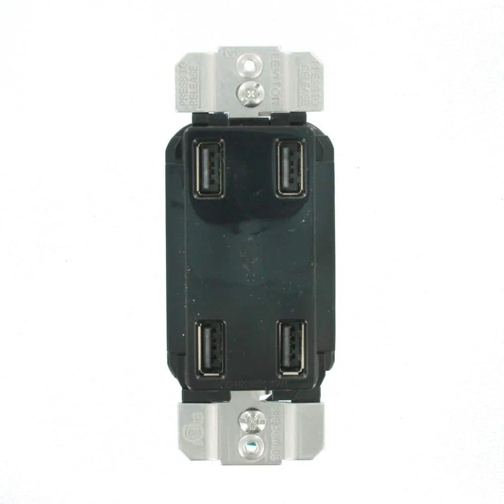 Leviton 4.2 Amp Decora 4-Port USB Charger Combo Outlet, Black 2 Leviton 4.2 Amp Decora 4-Port USB Charger Combo Outlet, Black - Image 2