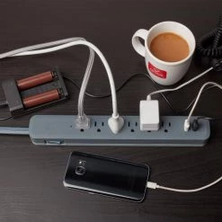 Globe Electric Designer 6 ft. 2 USB Port (3.1 Amp) 6-Outlet Surge Protector Power Strip with Fabric Cord, Blue/Gray -Surge Protectors Sales Store blue and gray globe electric surge protectors 78504 1f 1000