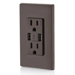 Leviton 3.6A USB Dual Type A In-Wall Charger with 15 Amp Tamper-Resistant Outlets, Brown -Surge Protectors Sales Store brown leviton electrical outlets receptacles r06 t5632 0bb 76 1000