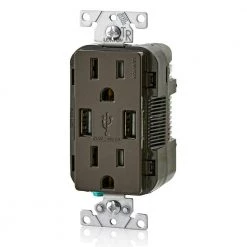 Leviton 3.6A USB Dual Type A In-Wall Charger with 15 Amp Tamper-Resistant Outlets, Brown -Surge Protectors Sales Store brown leviton electrical outlets receptacles r06 t5632 0bb c3 1000