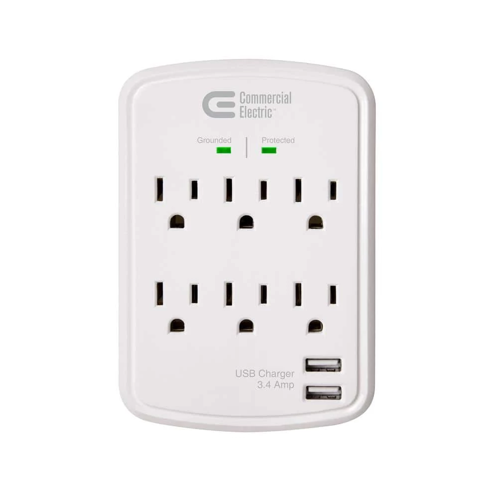 Commercial Electric 6-Outlet Wall Mounted Surge Protector with USB, White 1 Commercial Electric 6-Outlet Wall Mounted Surge Protector with USB, White