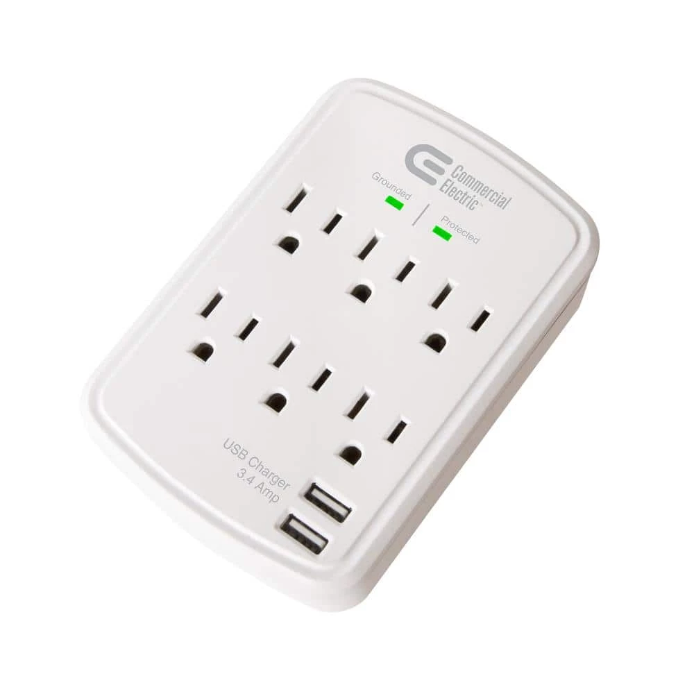 Commercial Electric 6-Outlet Wall Mounted Surge Protector with USB, White 2 Commercial Electric 6-Outlet Wall Mounted Surge Protector with USB, White - Image 2
