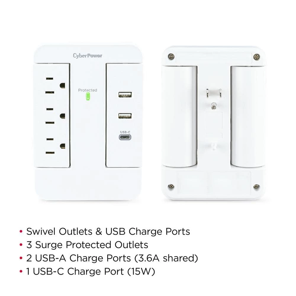 CyberPower 2 USB-A 1 USB-C 3-Outlet Wall Tap 6 CyberPower 2 USB-A 1 USB-C 3-Outlet Wall Tap - Image 6