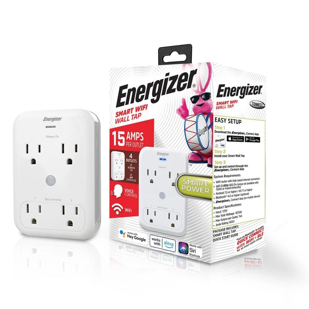 Energizer Smart Wi-Fi Wall Tap, 4-Outlet, Works With Alexa/Siri/Google Assistant 1 Energizer Smart Wi-Fi Wall Tap, 4-Outlet, Works With Alexa/Siri/Google Assistant