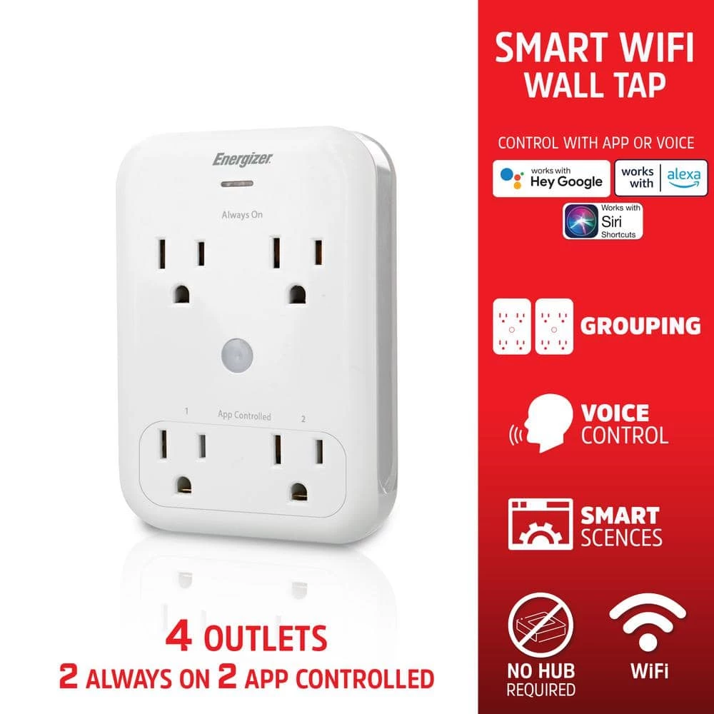 Energizer Smart Wi-Fi Wall Tap, 4-Outlet, Works With Alexa/Siri/Google Assistant 2 Energizer Smart Wi-Fi Wall Tap, 4-Outlet, Works With Alexa/Siri/Google Assistant - Image 2