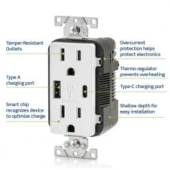 Leviton 15 Amp Decora Type A and C USB Charger Tamper-Resistant Outlet, Gray -Surge Protectors Sales Store gray leviton electrical outlets receptacles t5633 gy 44 1000