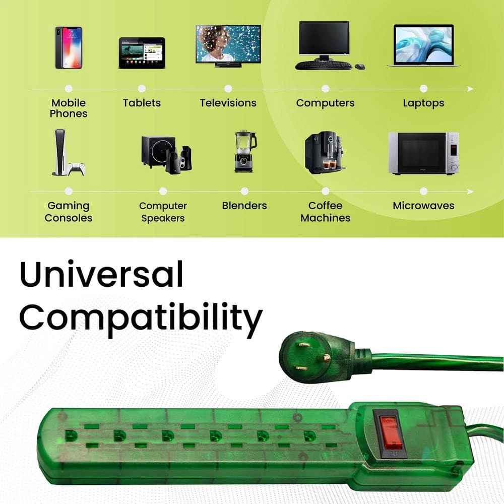 Go Green Power 3 ft. Cord Green 6-Outlet Translucent Designer Series Surge Protector (160 Joules) 6 Go Green Power 3 ft. Cord Green 6-Outlet Translucent Designer Series Surge Protector (160 Joules) - Image 6