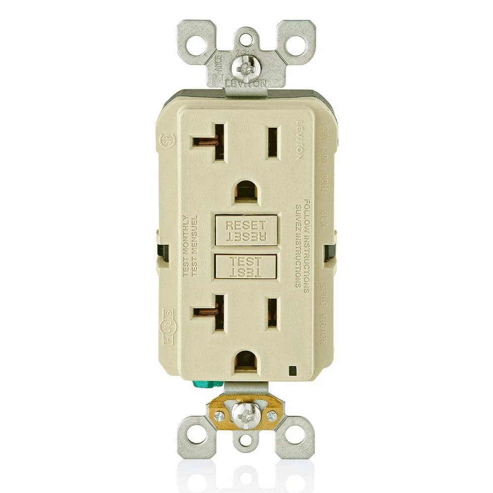 Leviton 20 Amp 125-Volt NEMA 5-20R SmartlockPro 2-Pole Residential Grade Duplex GFCI Outlet with LED, Ivory 1 Leviton 20 Amp 125-Volt NEMA 5-20R SmartlockPro 2-Pole Residential Grade Duplex GFCI Outlet with LED, Ivory
