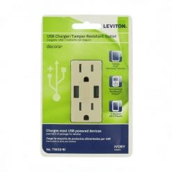 Leviton 3.6A USB Dual Type A In-Wall Charger with 15 Amp Tamper-Resistant Outlets, Ivory -Surge Protectors Sales Store ivory leviton electrical outlets receptacles r01 t5632 0bi 40 1000