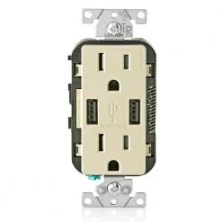 Leviton 3.6A USB Dual Type A In-Wall Charger with 15 Amp Tamper-Resistant Outlets, Ivory
