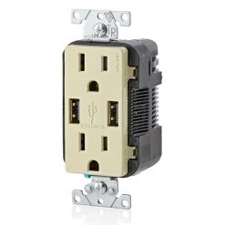 Leviton 3.6A USB Dual Type A In-Wall Charger with 15 Amp Tamper-Resistant Outlets, Ivory -Surge Protectors Sales Store ivory leviton electrical outlets receptacles r01 t5632 0bi c3 1000