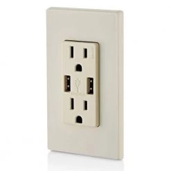 Leviton 3.6A USB Dual Type A In-Wall Charger with 15 Amp Tamper-Resistant Outlets, Light Almond -Surge Protectors Sales Store light almond leviton electrical outlets receptacles r08 t5632 0bt 76 1000